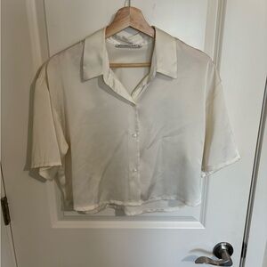 Cream Satin Short Sleeve Button-Up Blouse
